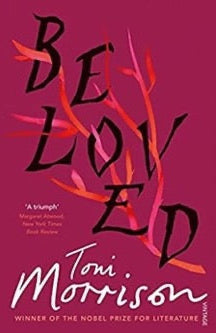 Book cover of 'Beloved' by Toni Morrison with abstract design on a pink background