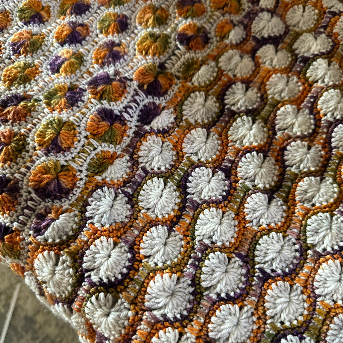 Close-up of a textured, multicolored fabric with circular patterns.