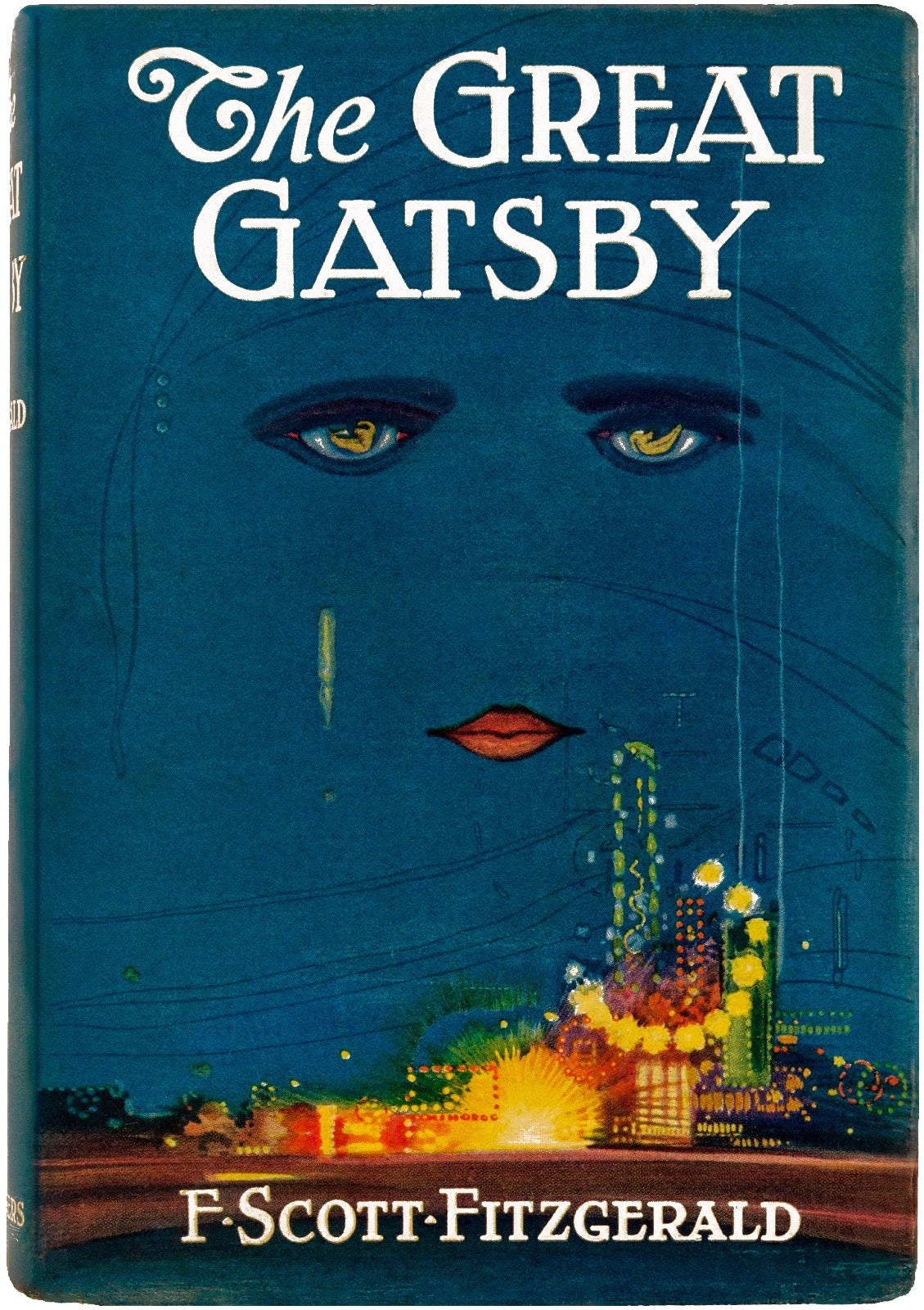 Book cover of 'The Great Gatsby' by F. Scott Fitzgerald with a stylized face and cityscape.