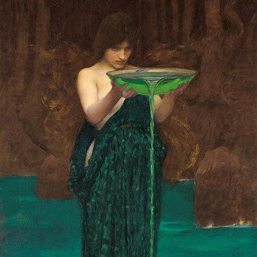 Artistic depiction of a woman in a long, dark dress holding a green object over a pool of water.