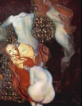 Decorative painting of a woman with a child, possibly a religious or historical scene. Klimt Goldfish