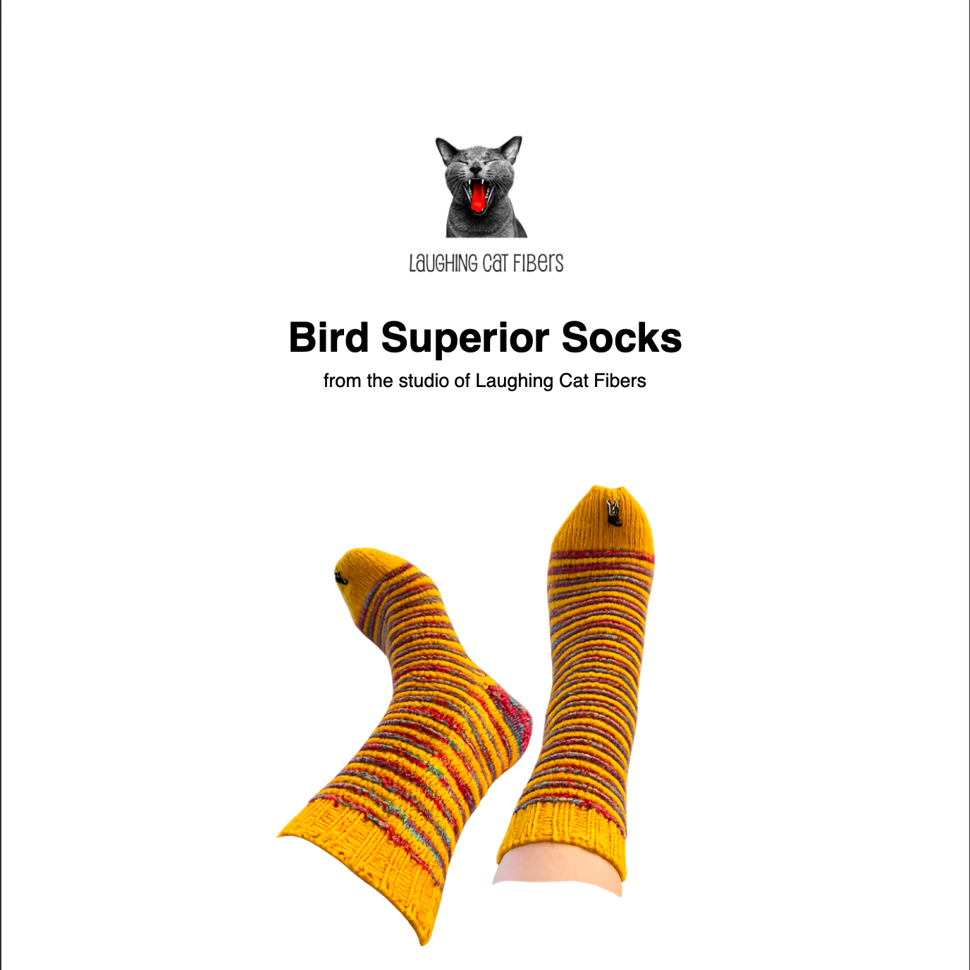 Yellow striped socks with a cat illustration and text 'Bird Superior Socks' from Laughing Cat Fibers on a white background.