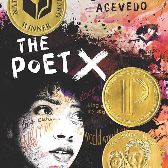 Book cover of 'The Poet X' by Elizabeth Acevedo with gold coins and a face.