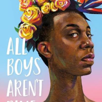 Book cover of 'All Boys Aren't Blue' with a person wearing a colorful headpiece against a gradient background.