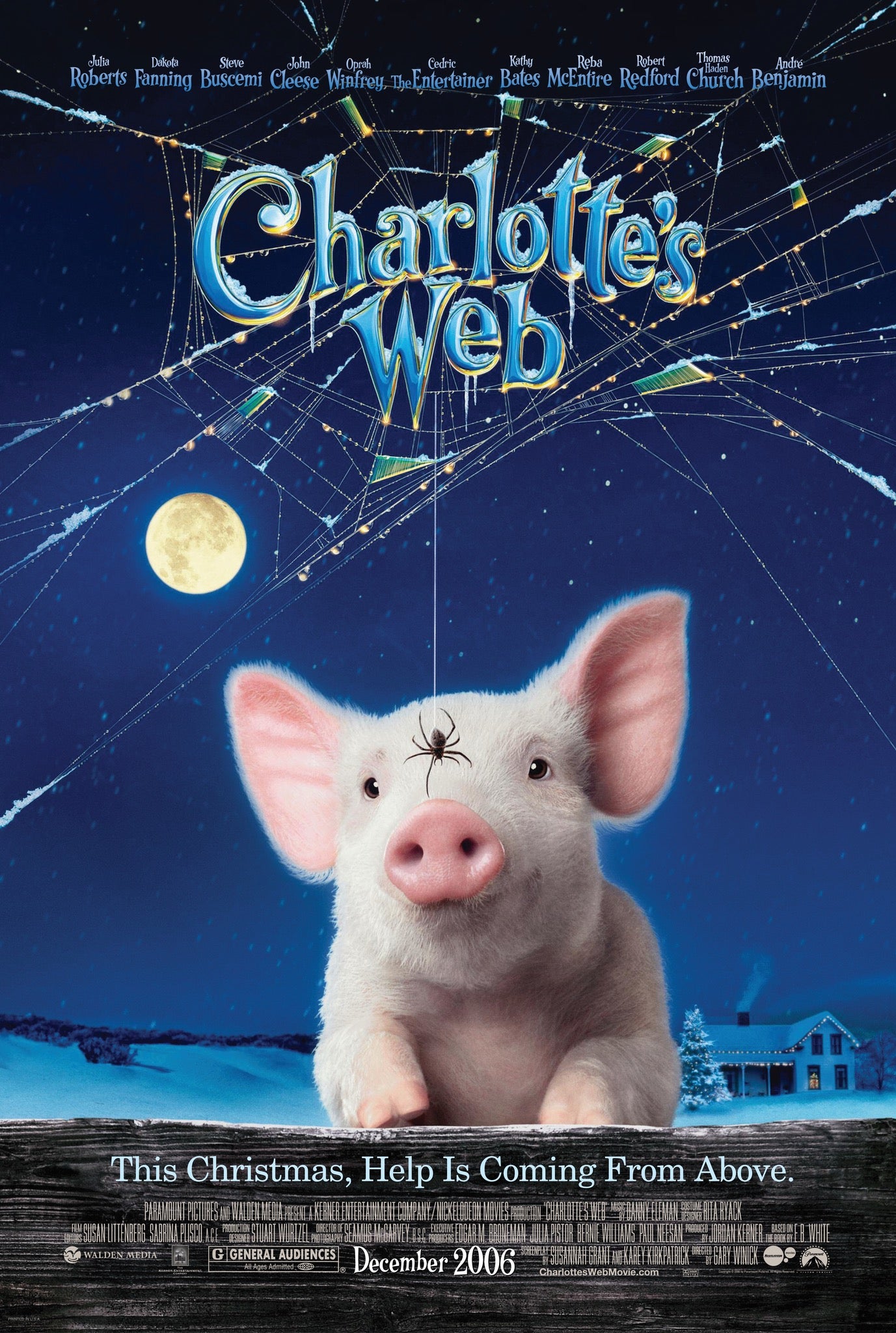Movie poster for 'Charlotte's Web' featuring a pig and spider on a web against a night sky.