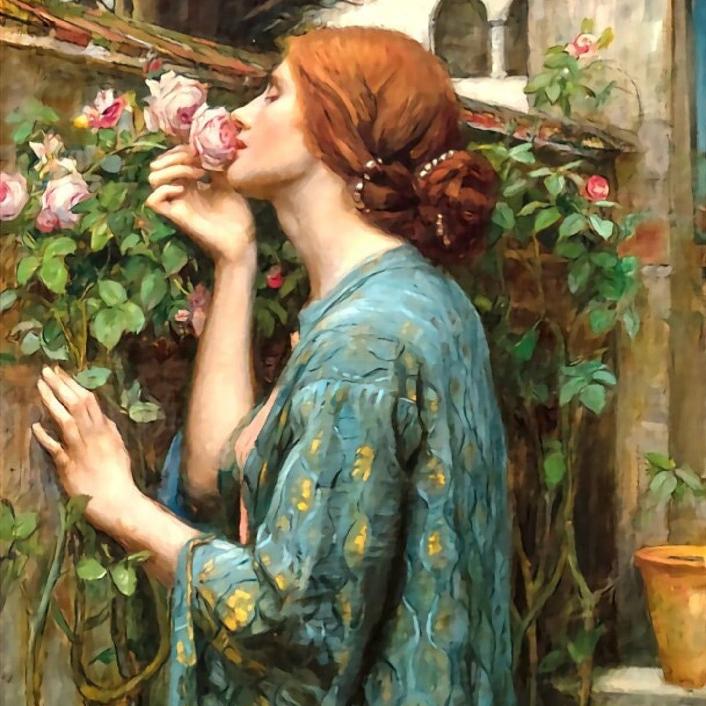 Woman in a garden smelling roses, with a classical architectural background