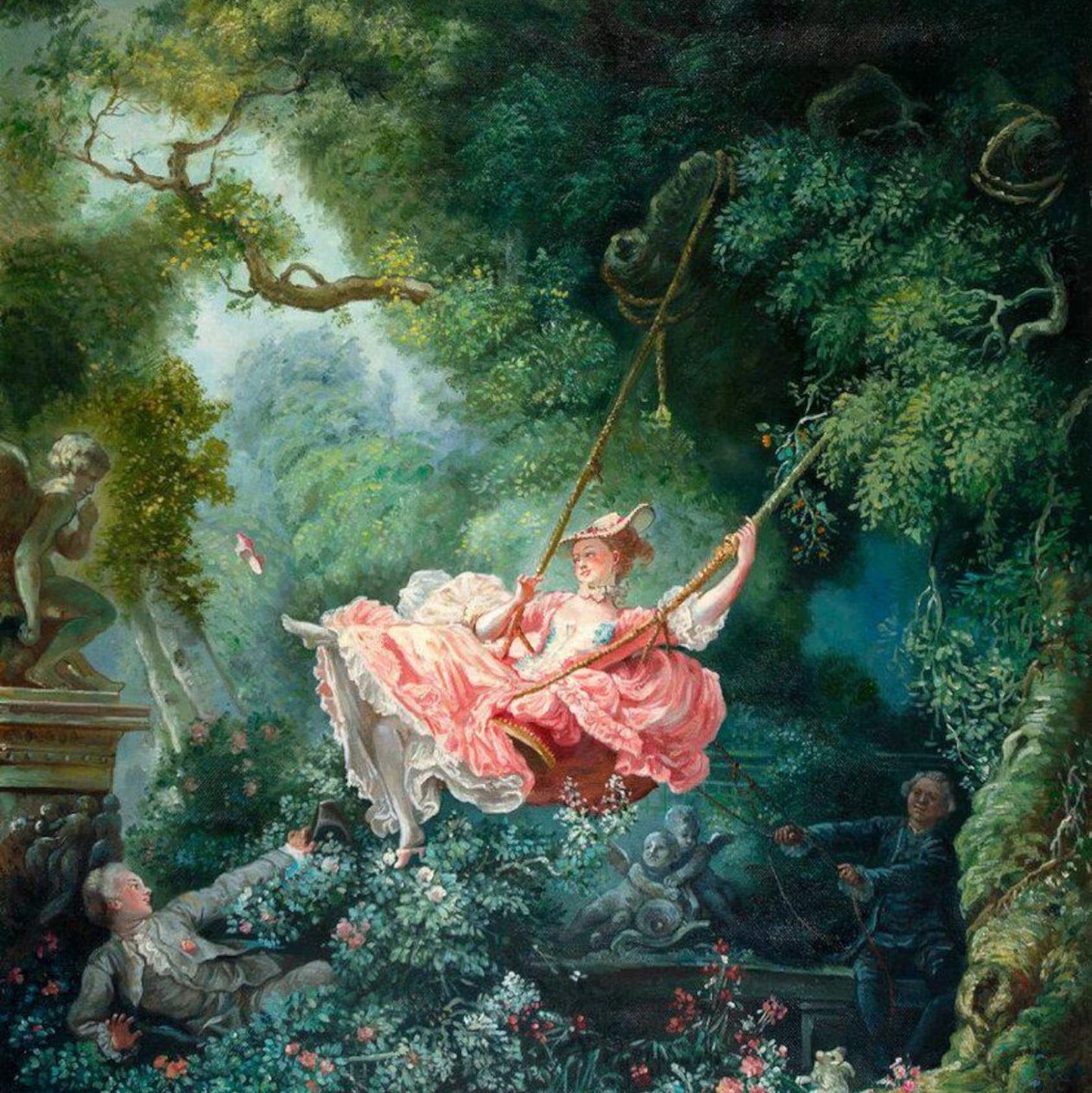 Painting of a woman in a pink dress swinging in a garden with classical architecture and figures.