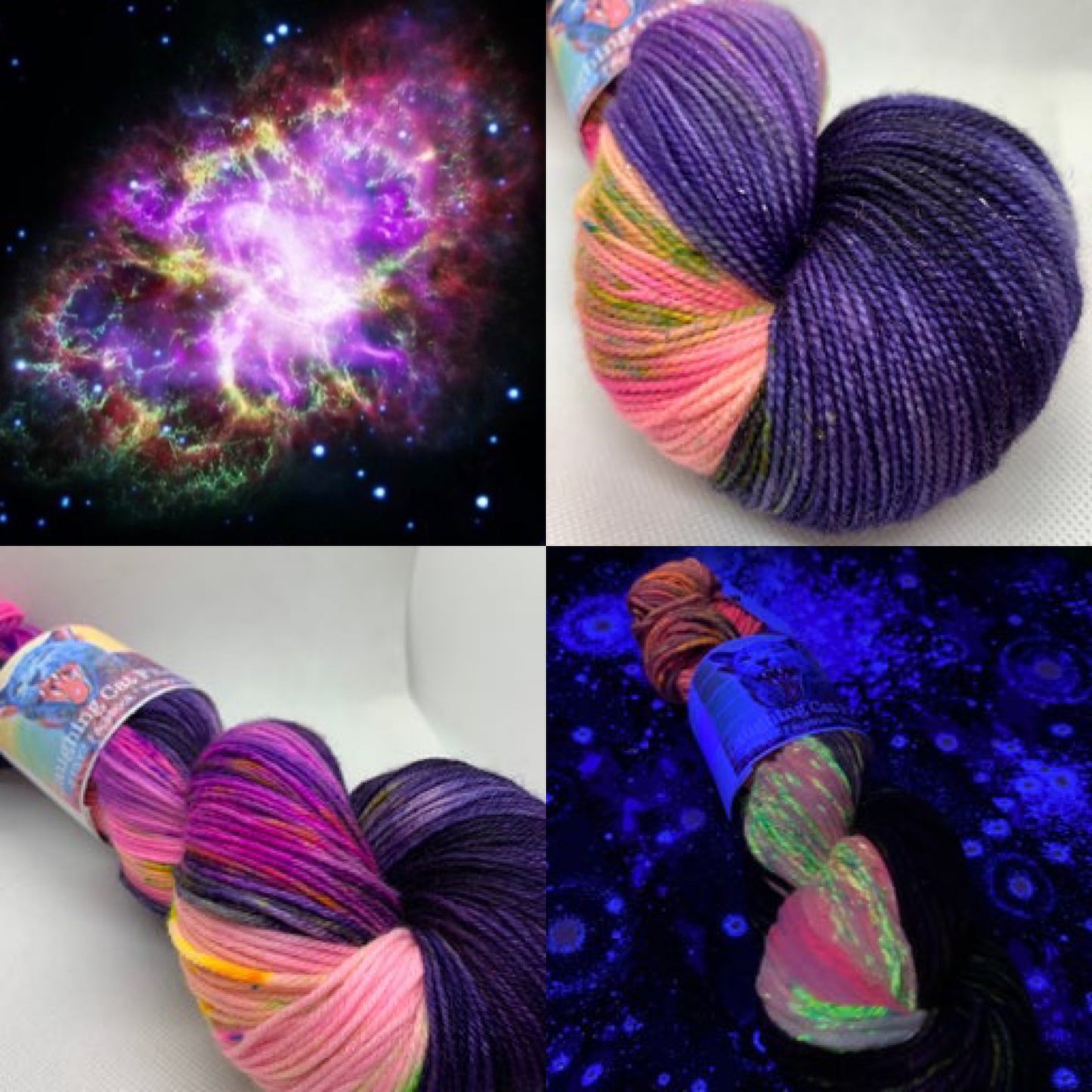 "Crab Nebula" on Various Yarn Bases
