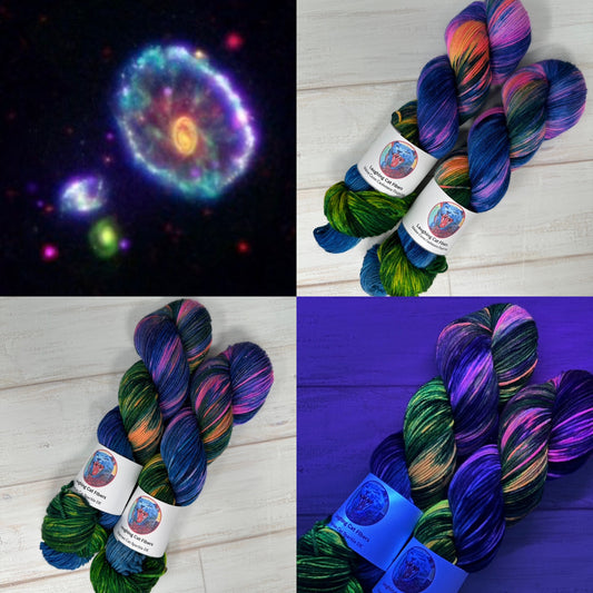 "Cartwheel Galaxy" on Various Yarn Bases