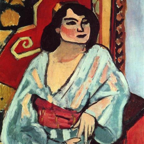 Artistic depiction of a person in a blue garment with a red bag against a colorful background
