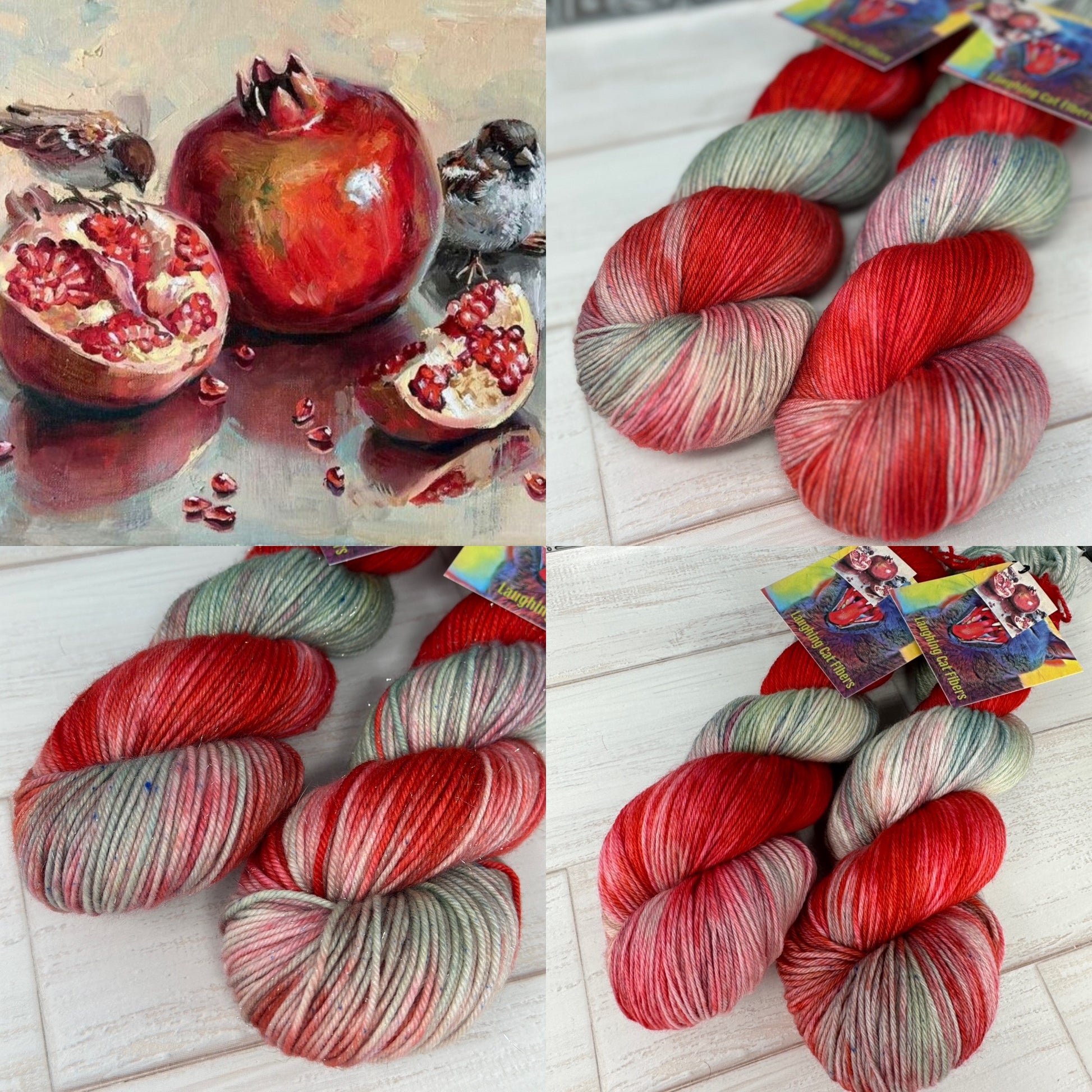 A collection of yarn skeins in shades of red, green, and silver, arranged in a pattern that resembles the composition of a still life painting featuring a pomegranate and a bird.