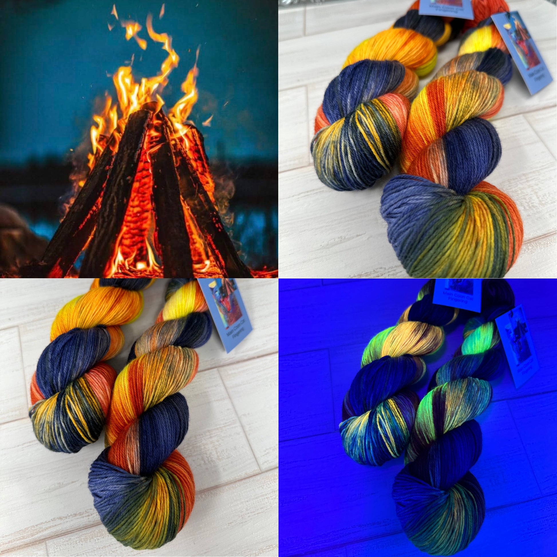 A collage of images showing yarn skeins in colors reminiscent of a campfire's flames, arranged next to a photograph of a campfire.