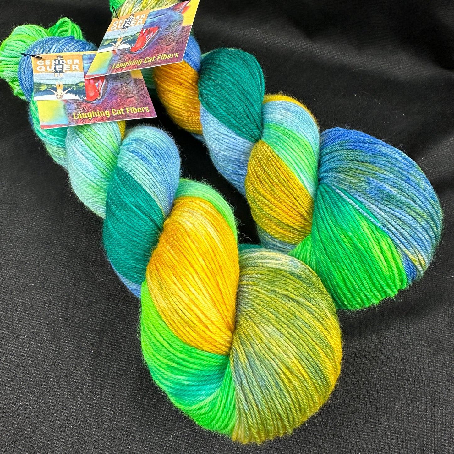 Multicolored skein of hand dyed yarn by Laughing Cat Fibers in their colorway Gender Queer