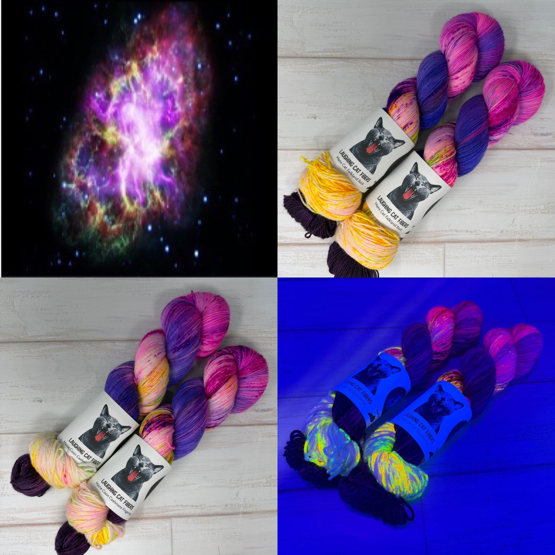 Collage of colorful yarn, a galaxy image, and glowing yarn under UV light.