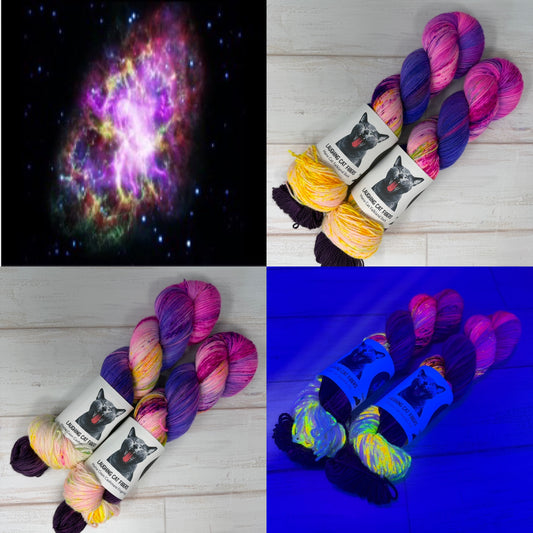 Collage of colorful yarn, a galaxy image, and glowing yarn under UV light.