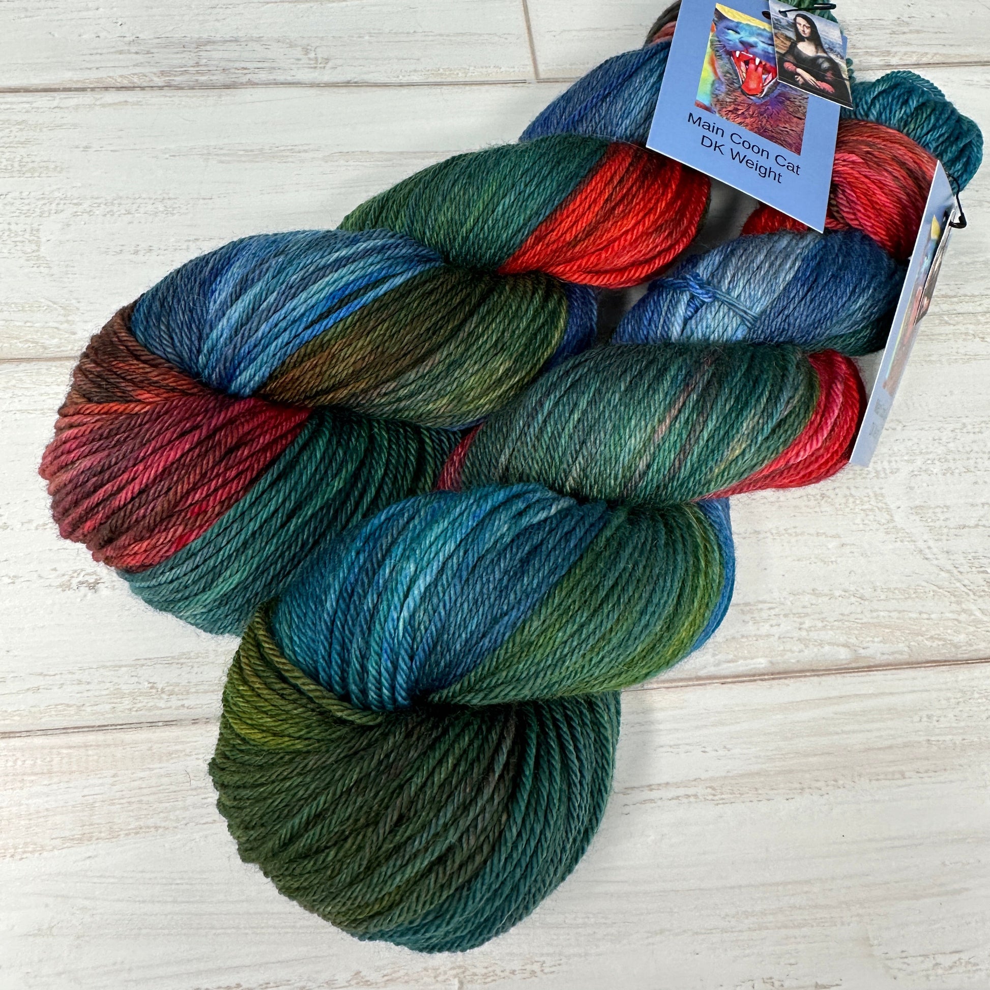 two skeins of MCN DK yarn hand dyed by Laughing Cat Fibers 