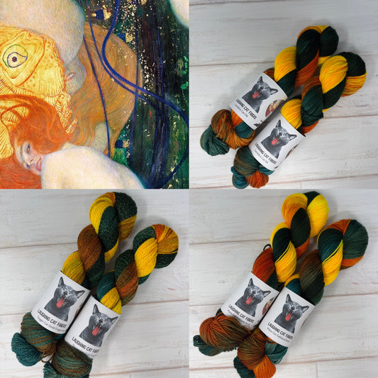 image of green and gold yarn skeins with a Gustav Klimt inspiration image
