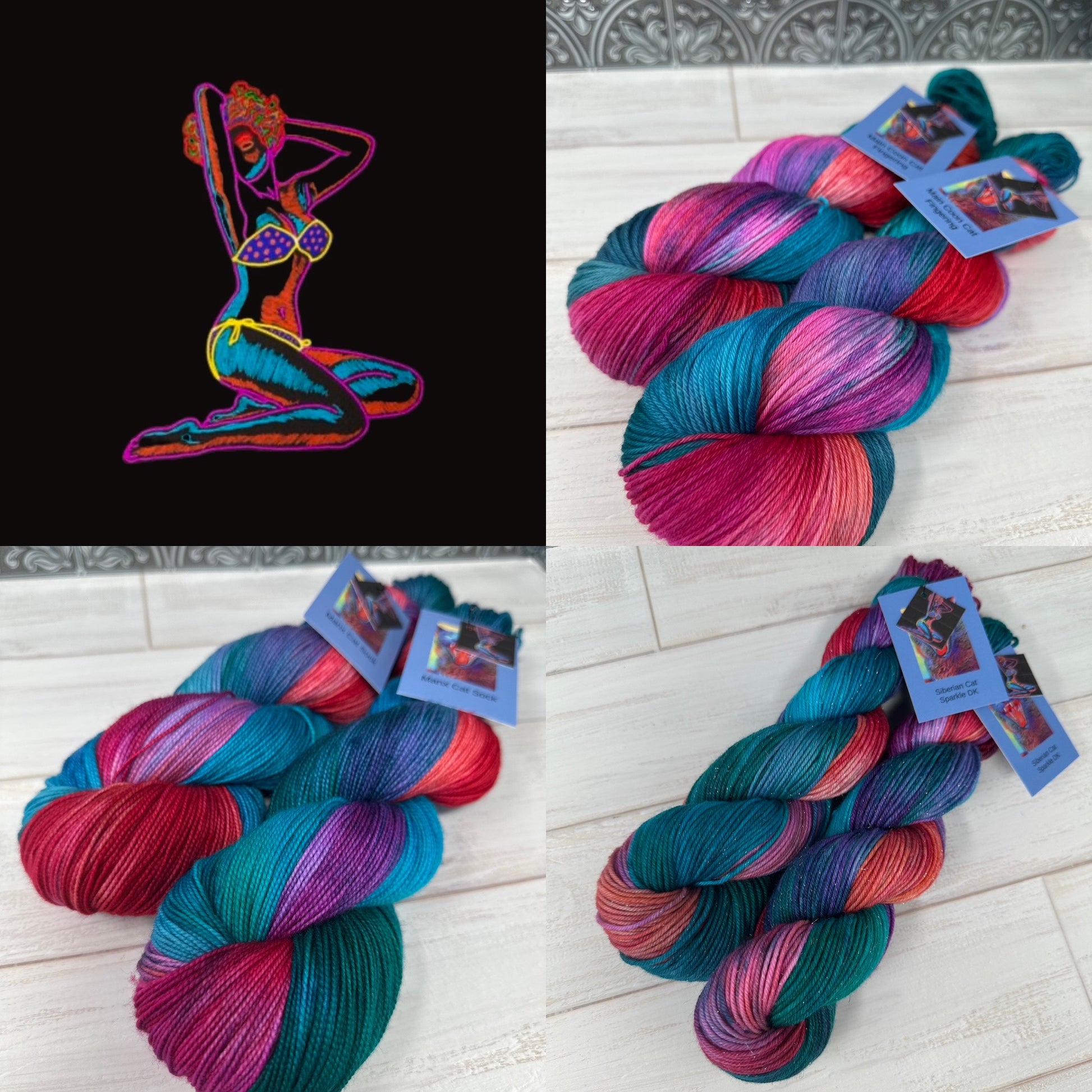 Colorful yarn skeins with a braided skein on a wooden surface, alongside a colorful embroidered figure.