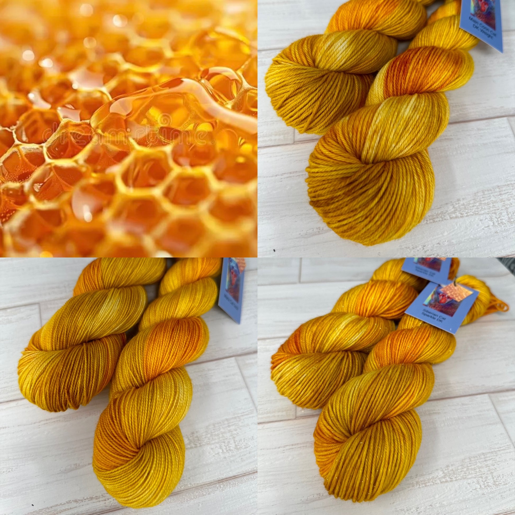 A series of yarn skeins in a honeycomb colorway, displayed on a wooden surface, with a close-up inset of a honeycomb pattern.