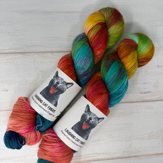 close up of hand dyed yarn based on the book "the Sum of Us" 