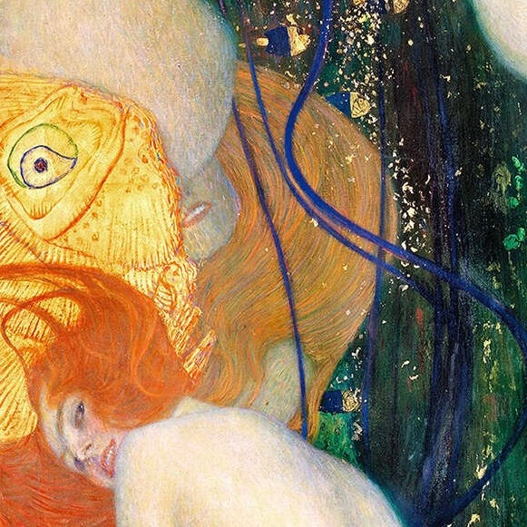 Close-up of an impressionistic painting featuring a large yellow fish with a human eye, a pale human figure, vivid orange-red hair, and dark blue and green abstract forms with gold speckles.
