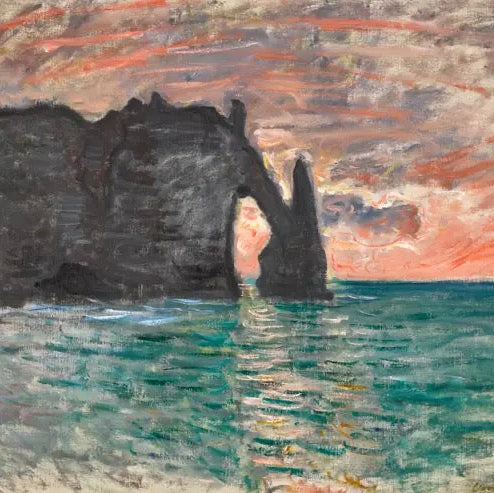 Painting of a coastal scene with rocks and water, featuring a sunset or sunrise.