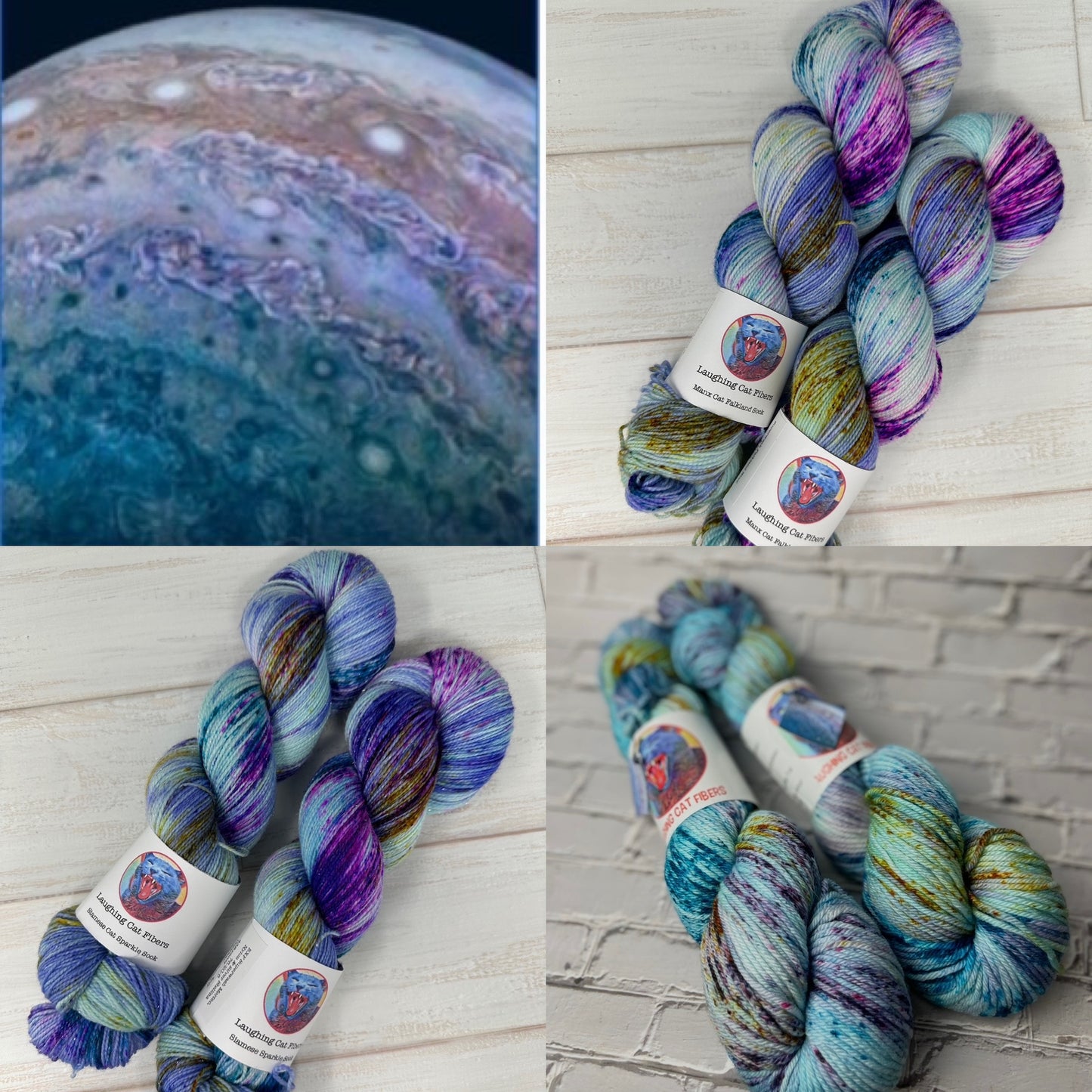 Colorful yarn skeins with labels on a textured surface