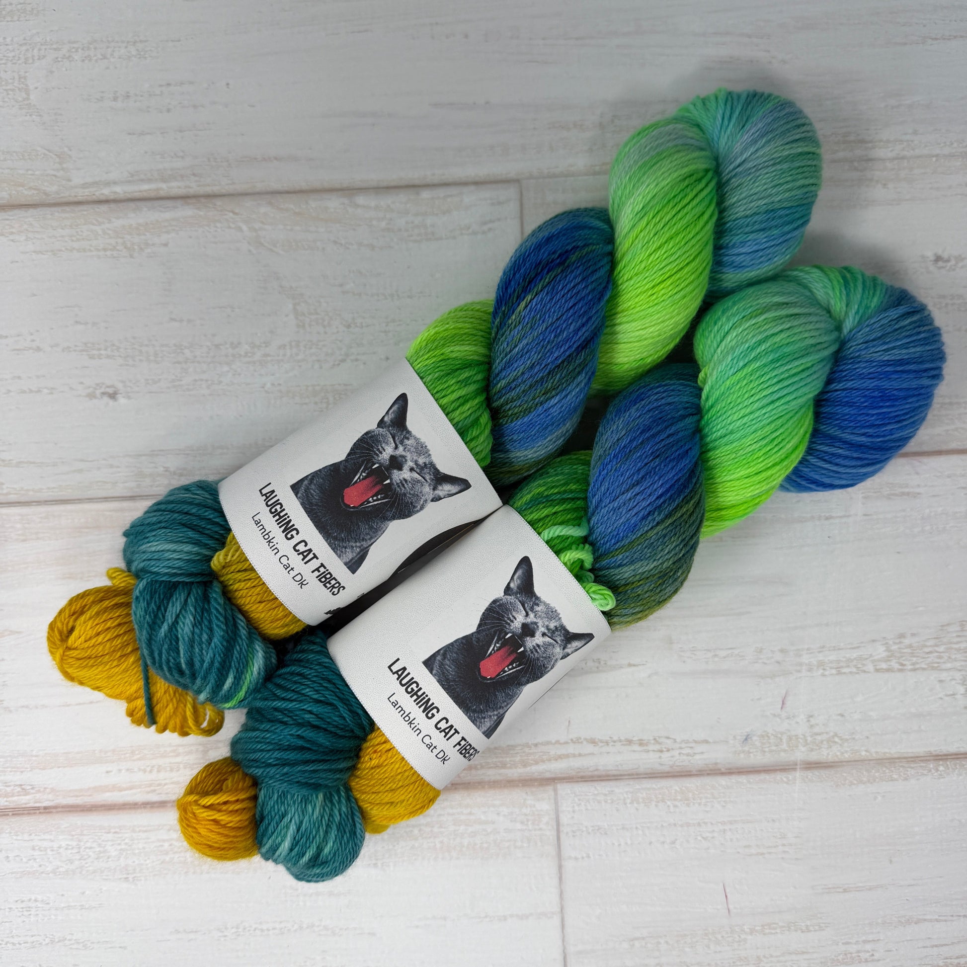 Three skeins of yarn in green, blue, and yellow dyed by Laughing Cat Fibers