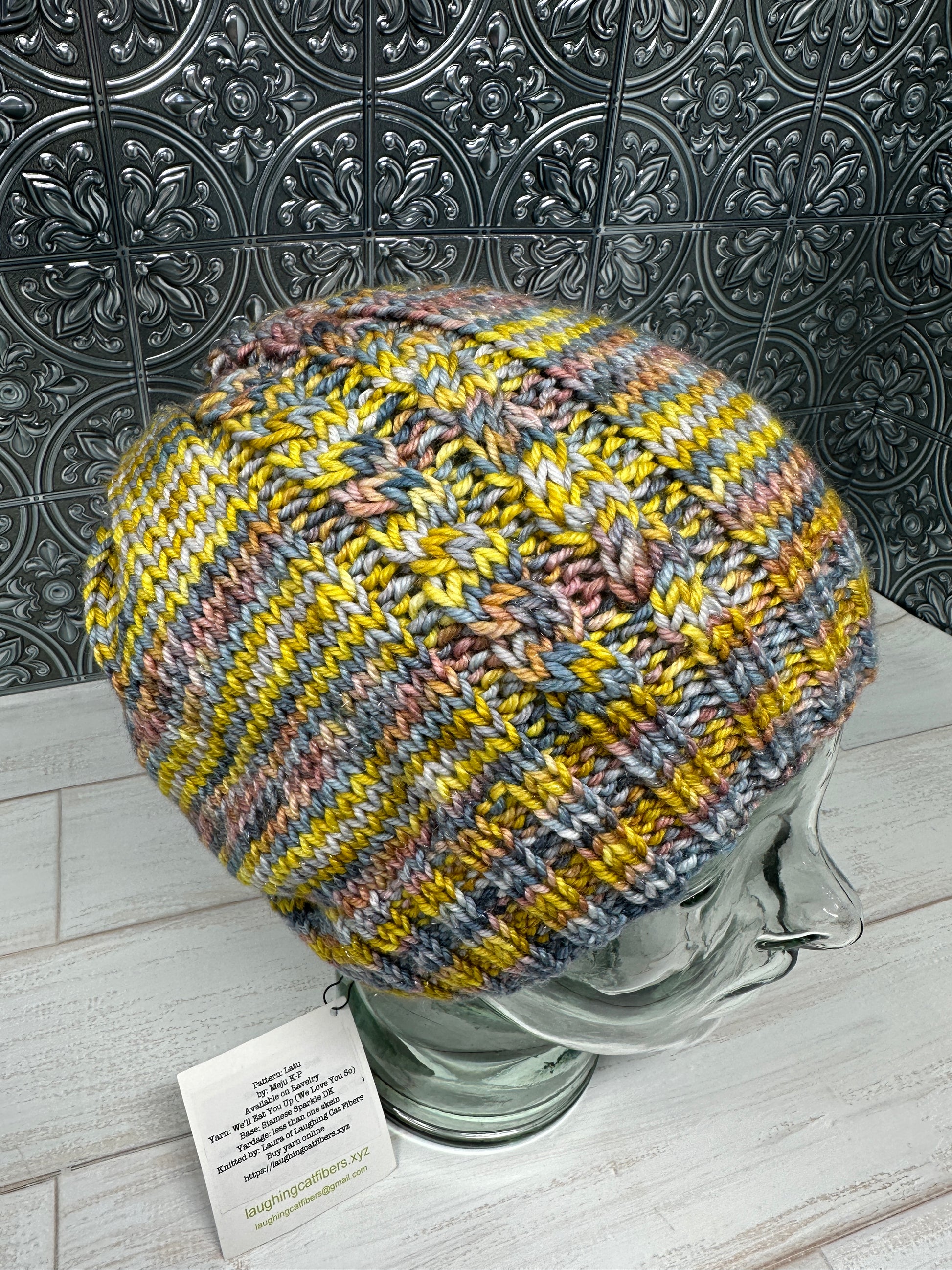 Knitted multicolored  Latu Hat Pattern Knit by Laura of Laughing Cat Fibers