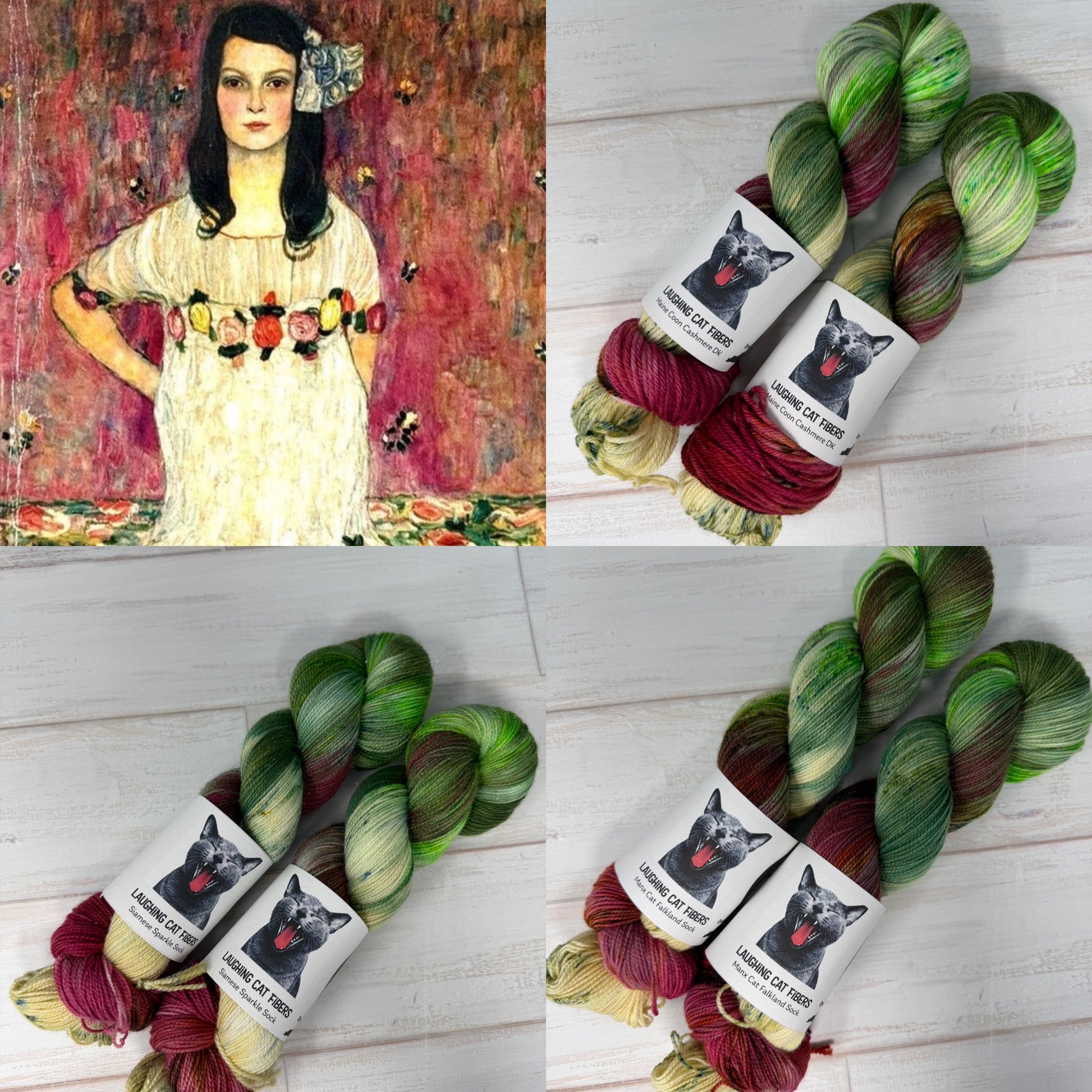 Yarn skeins with dog labels on a wooden surface, inspired by a classical painting.