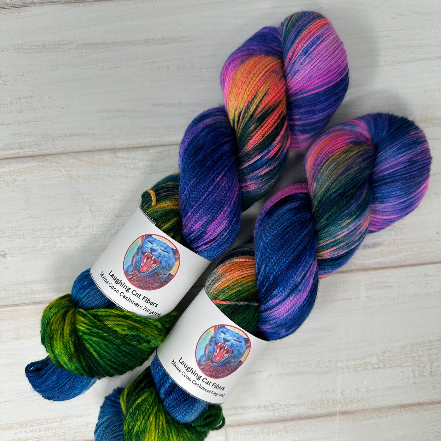 two skeins of hand dyed. yarn by Laughing Cat Fibers in their Cartwheel Galaxy colorway 
