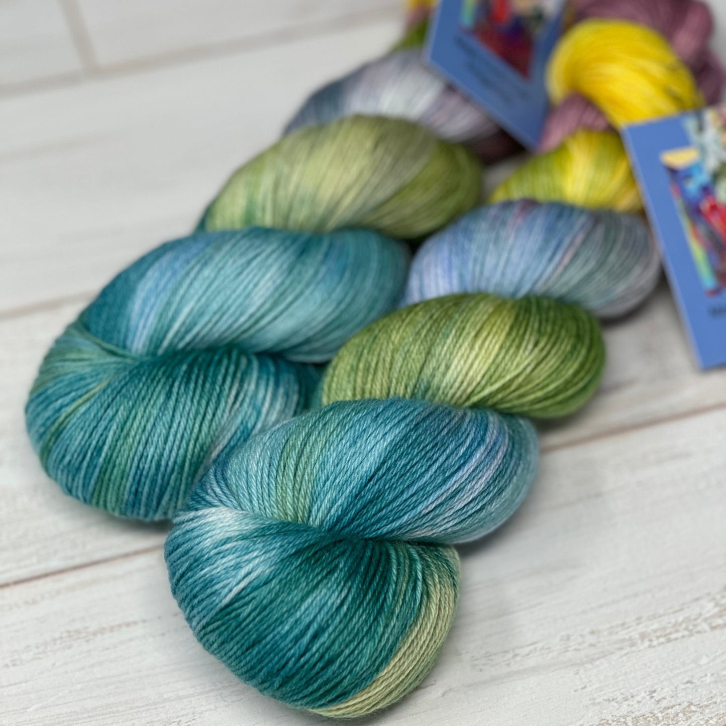 two skeins of hand dyed yarn in Los Cactus by Laughing Cat Fibers