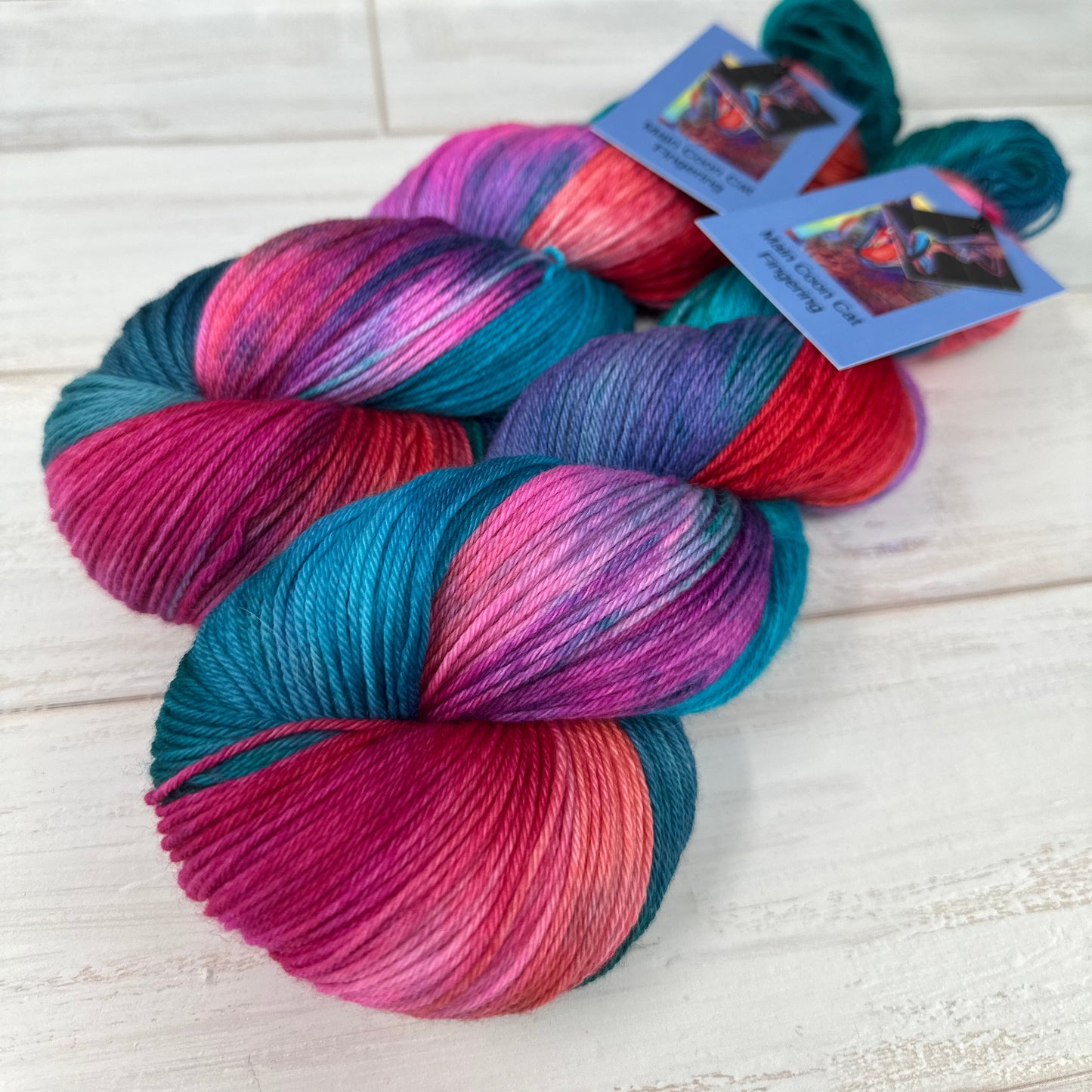 two skeins of hand dyed yarn by Laughing Cat Fibers 