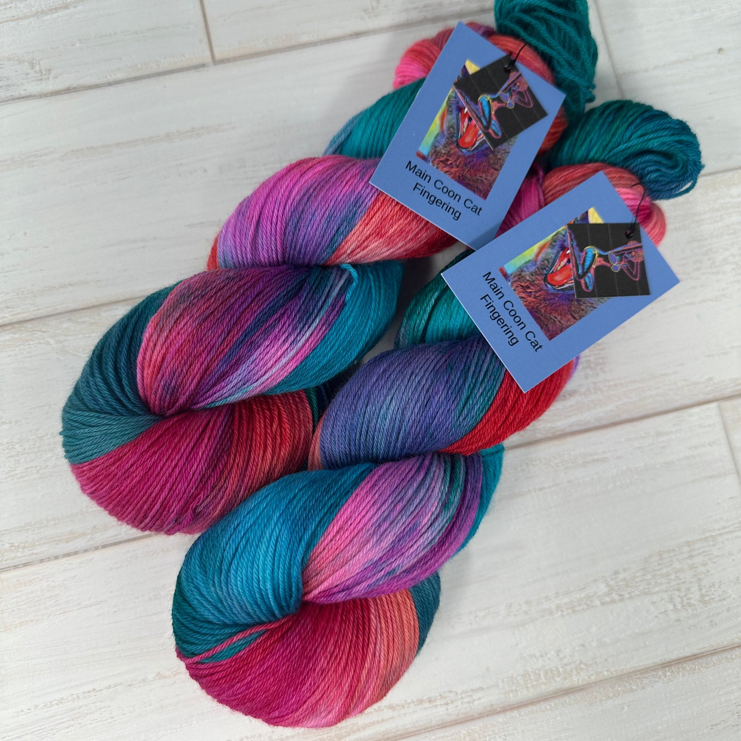 two skeins of MCN fingering yarn hand dyed by Laughing Cat Fibers in their Glamping at the Lake colorway 