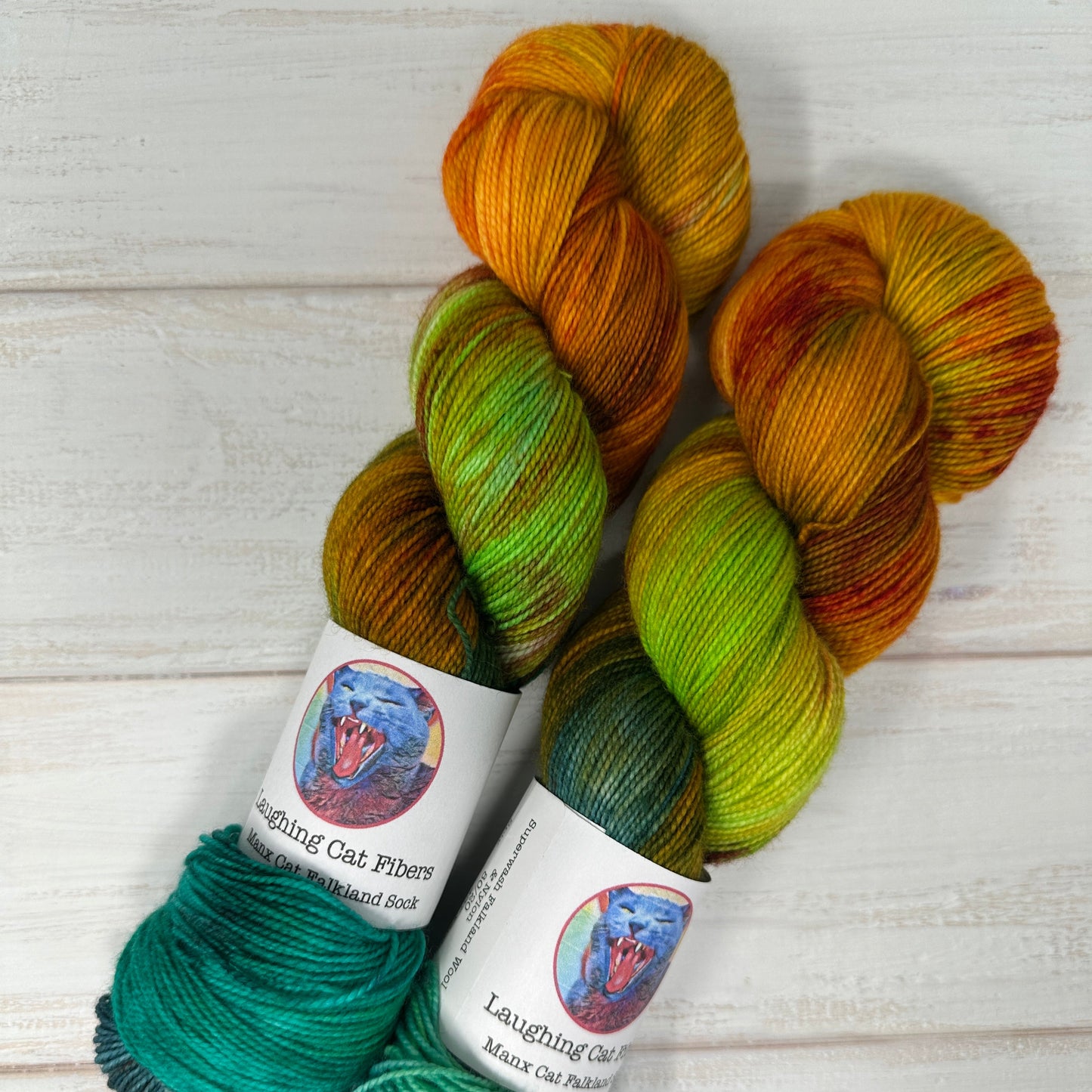 Colorful skeins of yarn hand dyed by Laughing Cat Fibers inspired by the banned book The Great Gatsby 