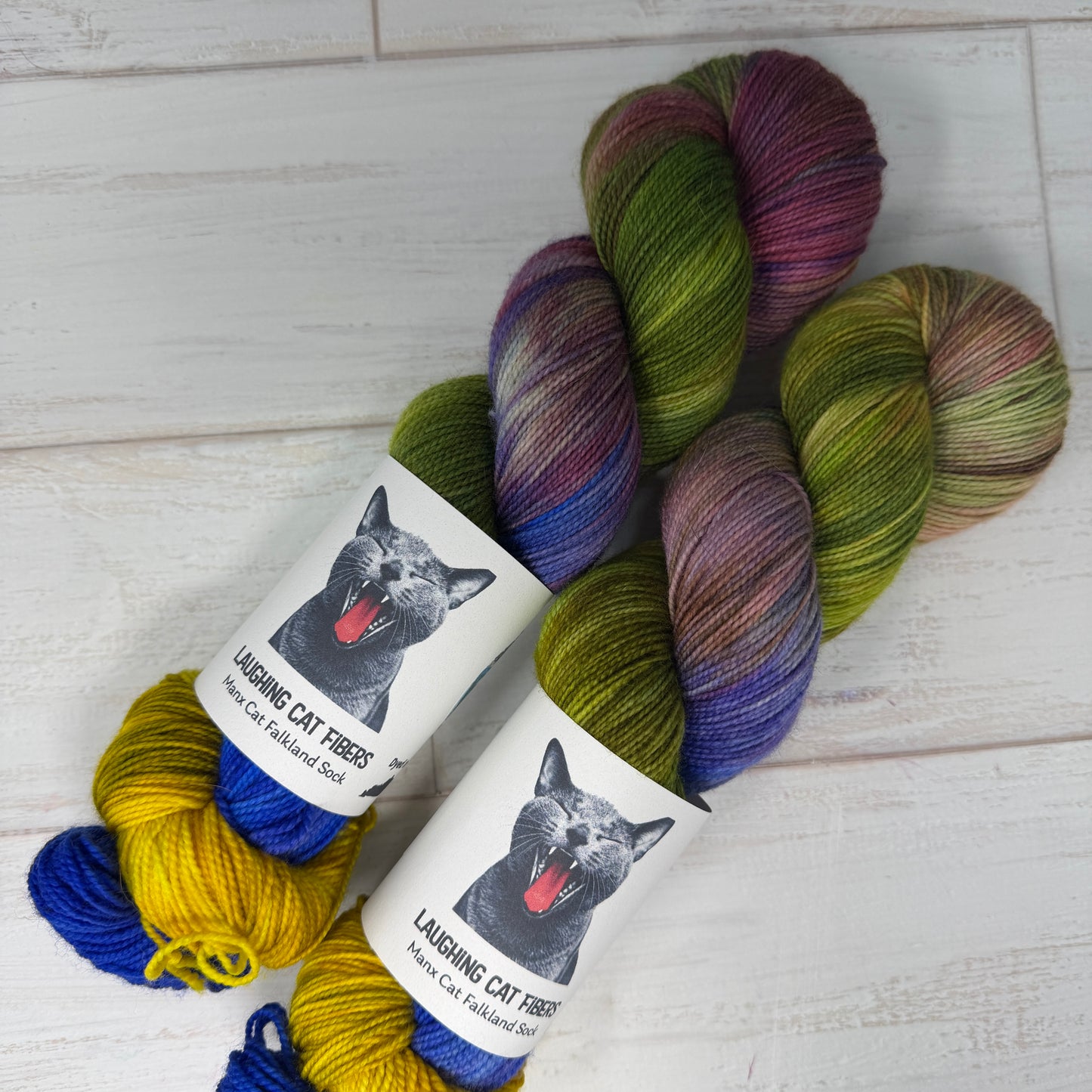 two skeins of Manx cat Falkland sock hand dyed yarn by Laughing Cat Fibers in their Watrer Lilies 1916 colorway 