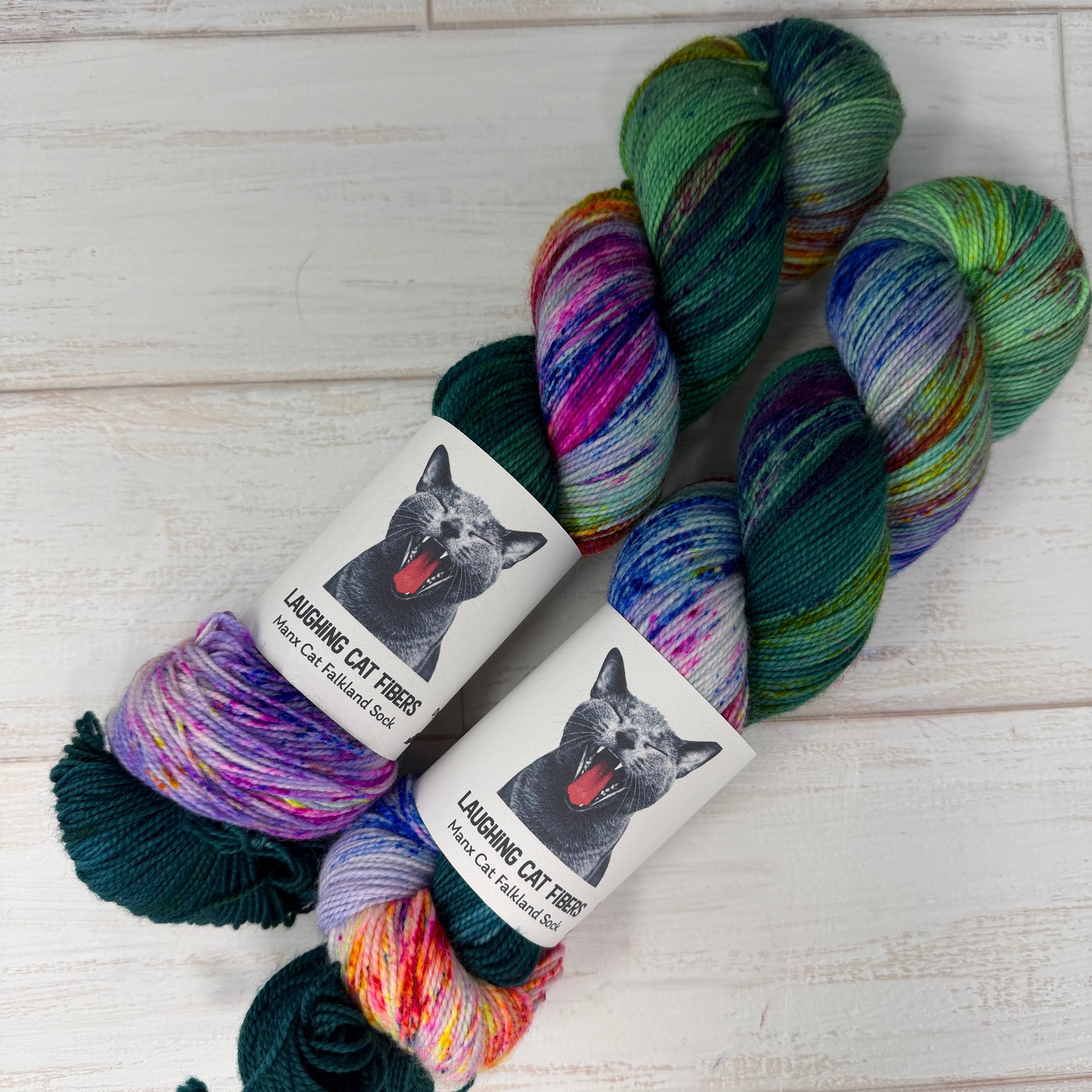 two skeins of Manx cat Falkland sock yarn by Laughing Cat Fibers dyed in their Ophelia colorway