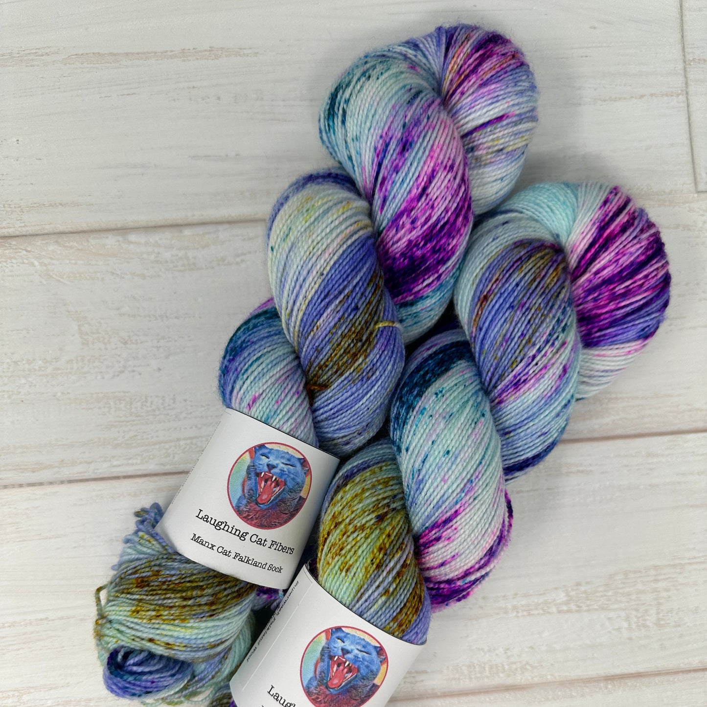 two skeins of Manx cat Falkland sock yarn hand dyed by Laughing Cat Fibers in their Jupiter colorway 
