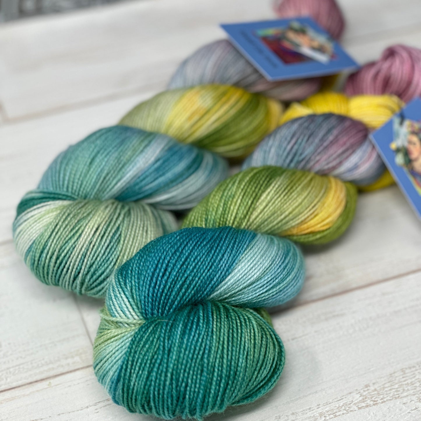 two skeins of hand dyed yarn by Laughing Cat Fibers in their Los Cactus colorway 