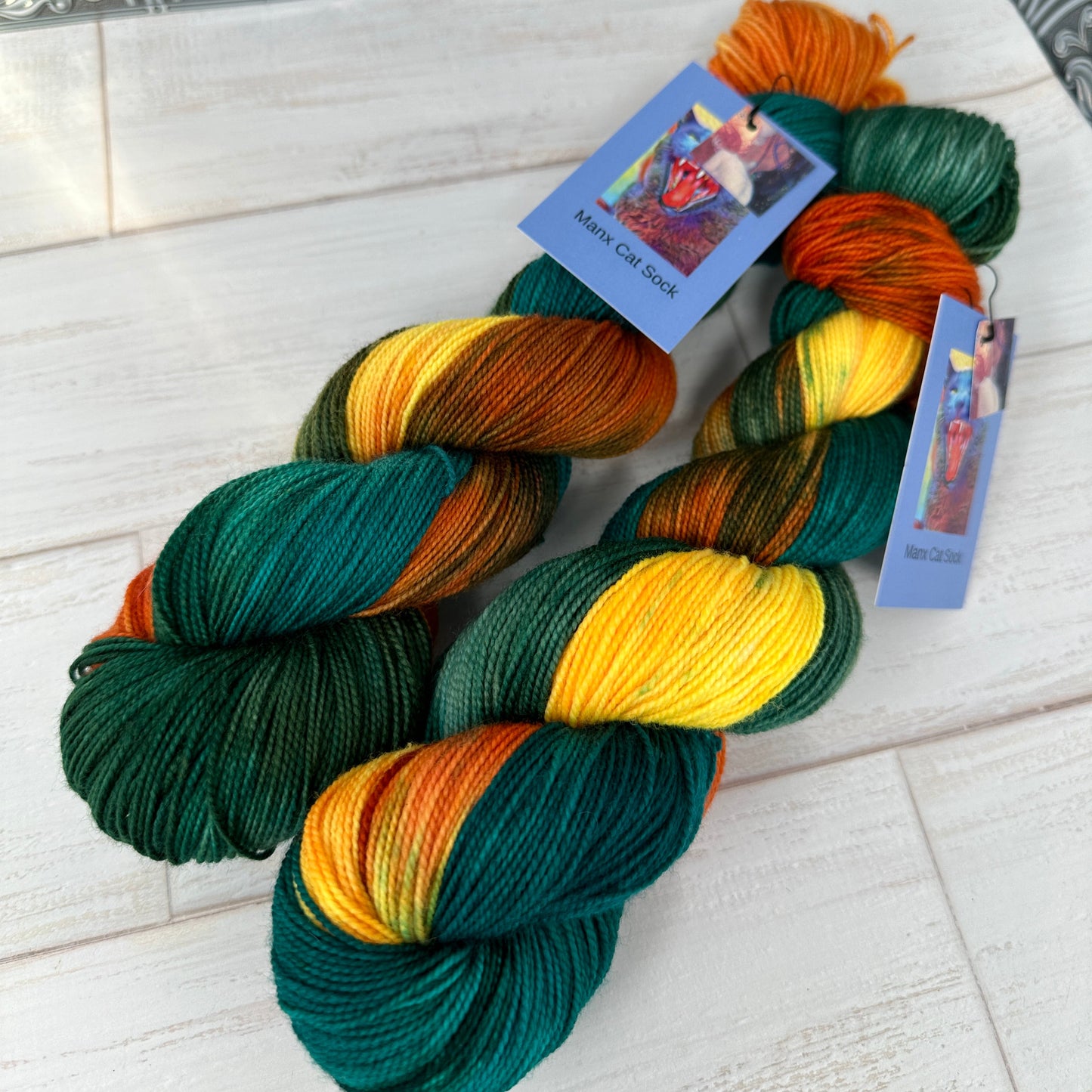 Manx Cat Falkland sock yarn hand dyed by Laughing Cat Fibers in their Goldfish colorway 