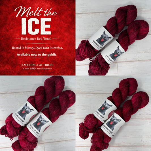 Red yarn skeins with labels on a white wooden surface, alongside promotional text for 'Melt the Ice' yarn by Laughing Cat Fibers.