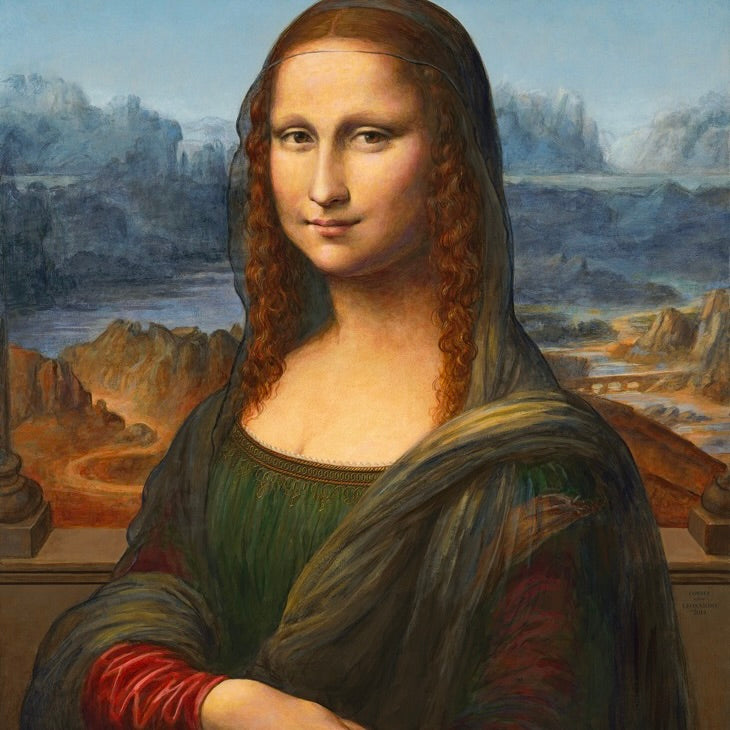 Mona Lisa by Leonardo da Vinci with a mountainous landscape in the background