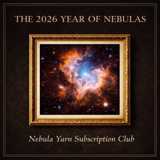 Framed nebula image with text about a yarn subscription club for 2026.