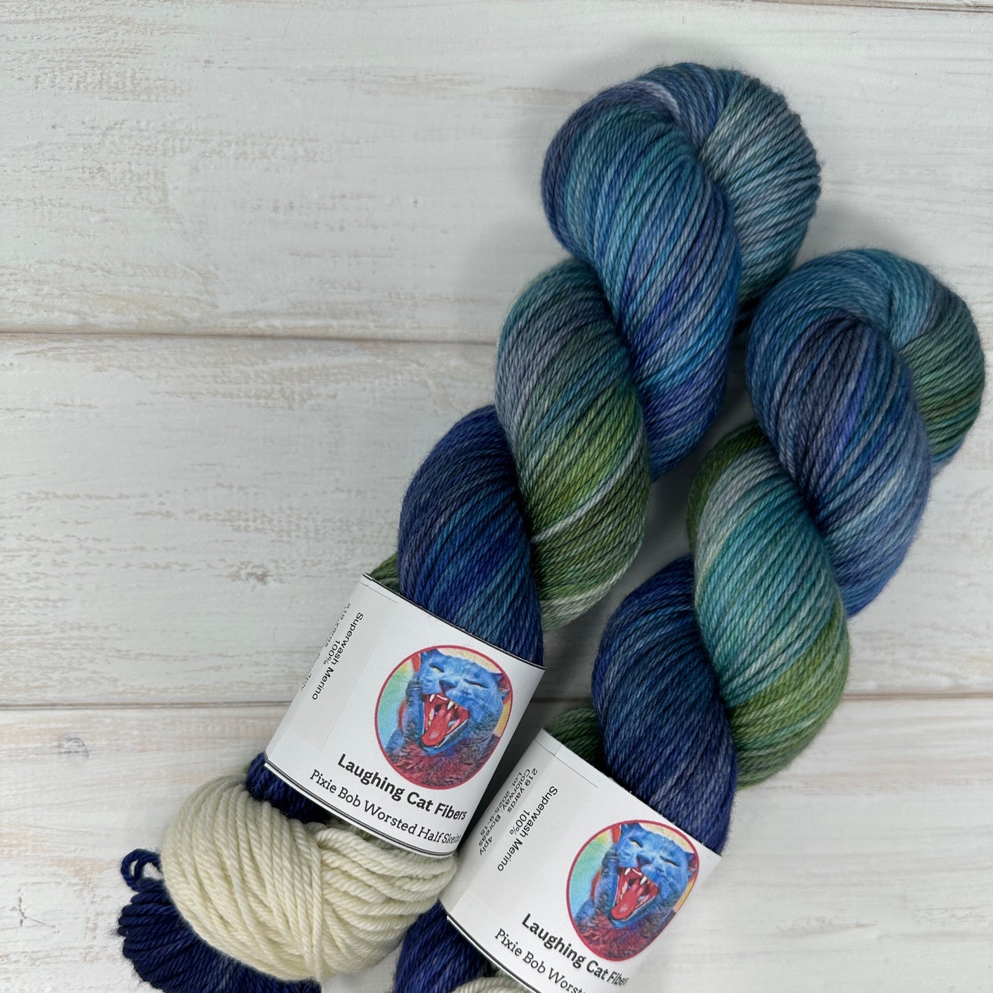 Two skeins of blue and green worsted yarn hand dyed by Laughing Cat Fibers in the Boreas colorway