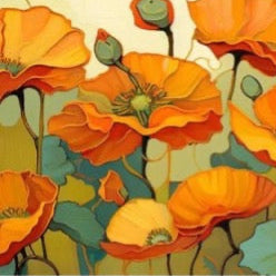 Artistic depiction of orange flowers with green stems on a textured background