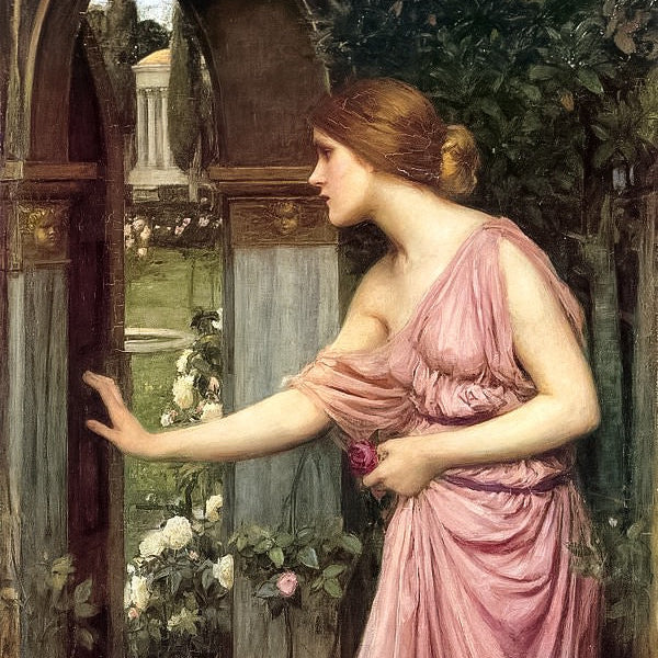 Woman in a pink dress standing in a garden with flowers and an archway.
