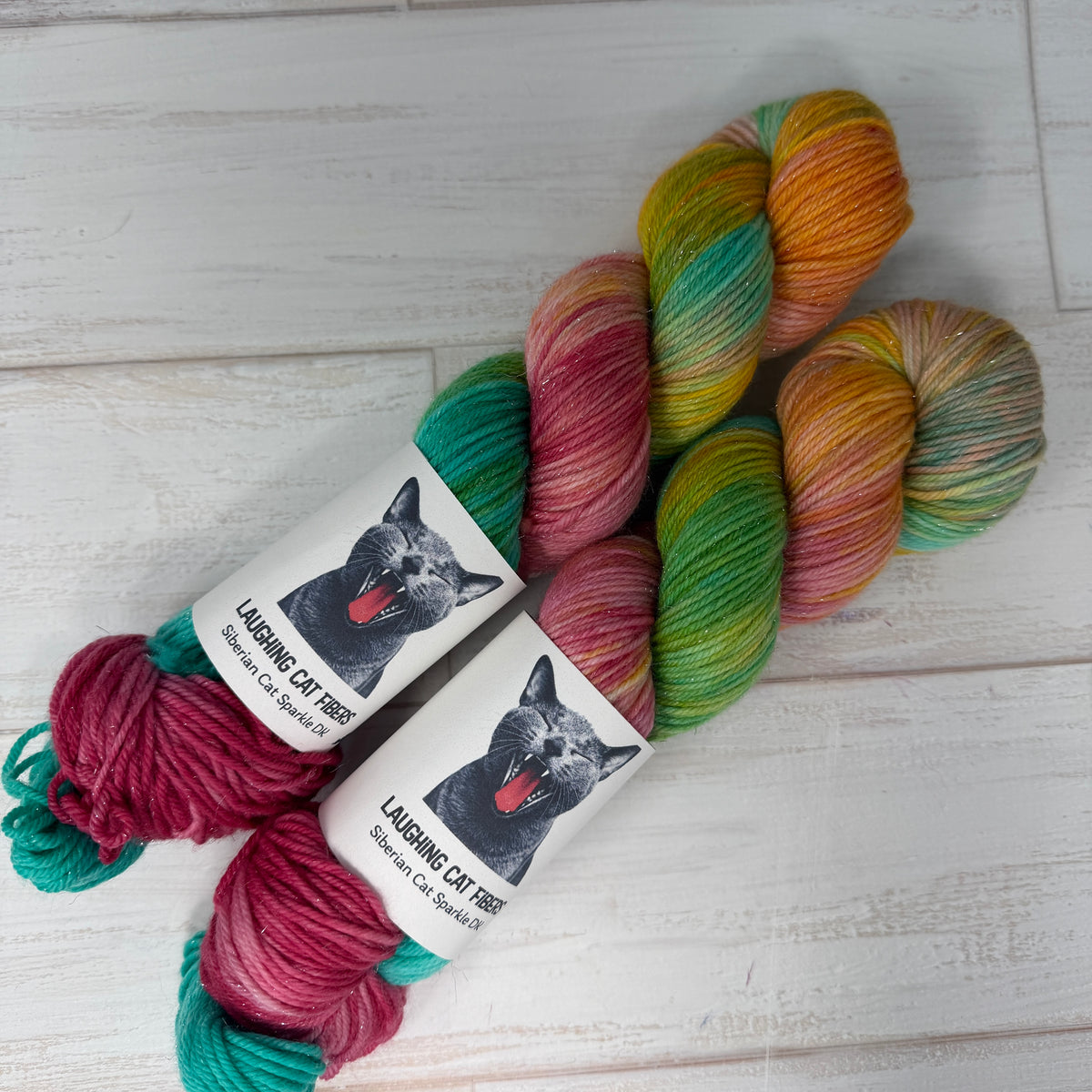 two skeins of hand dyed sparkle DK yarn by Laughing Cat Fibers in The Algerian Woman colorway 