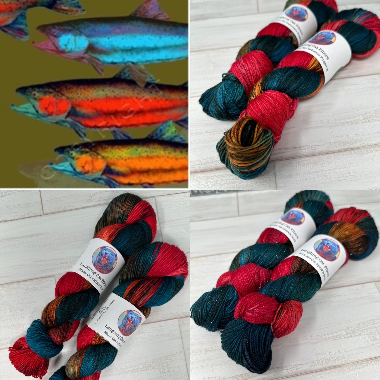 A collage of images showcasing various skeins of yarn in shades of pink, orange, blue, and green, with the name 'Salmon Run' on the labels, indicating the product is inspired by the salmon run in Montana.