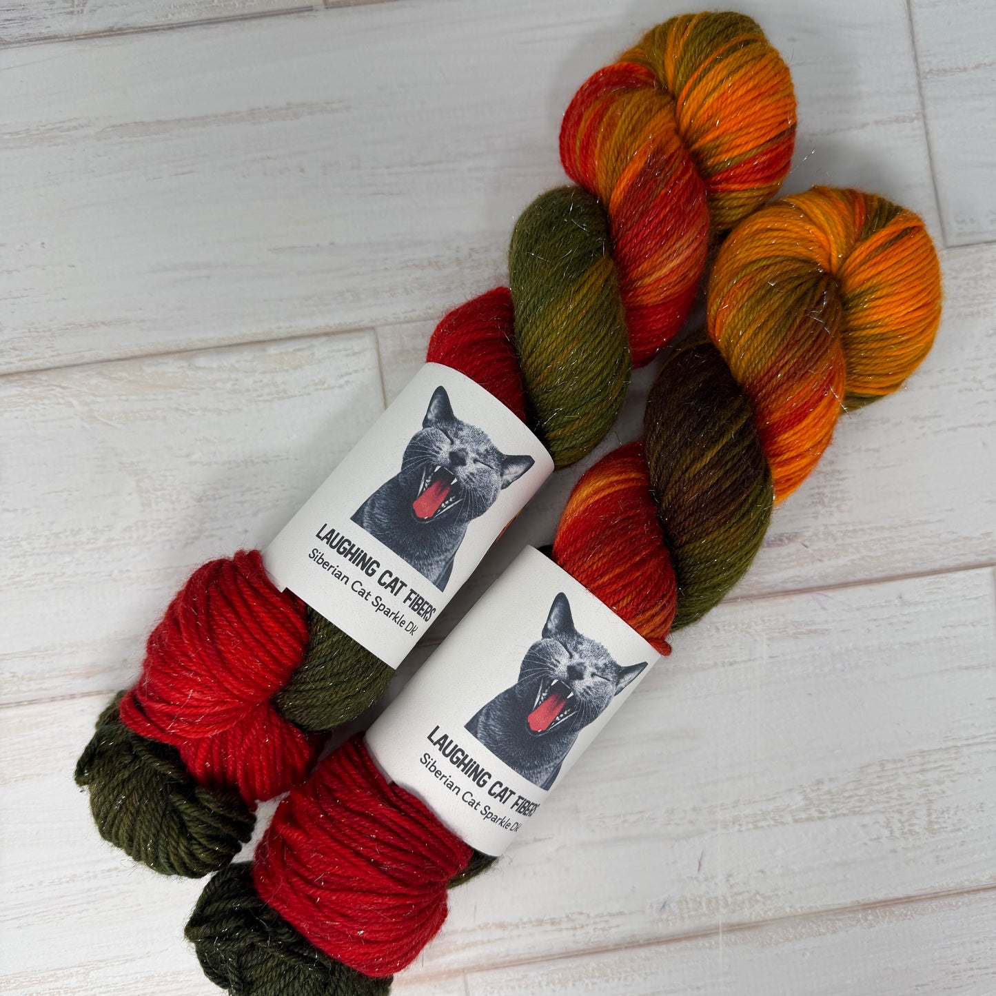 Two skeins of multicolored hand dyed sparkle DK yarn by Laughing Cat Fibers in their Pillars of Creation colorway 