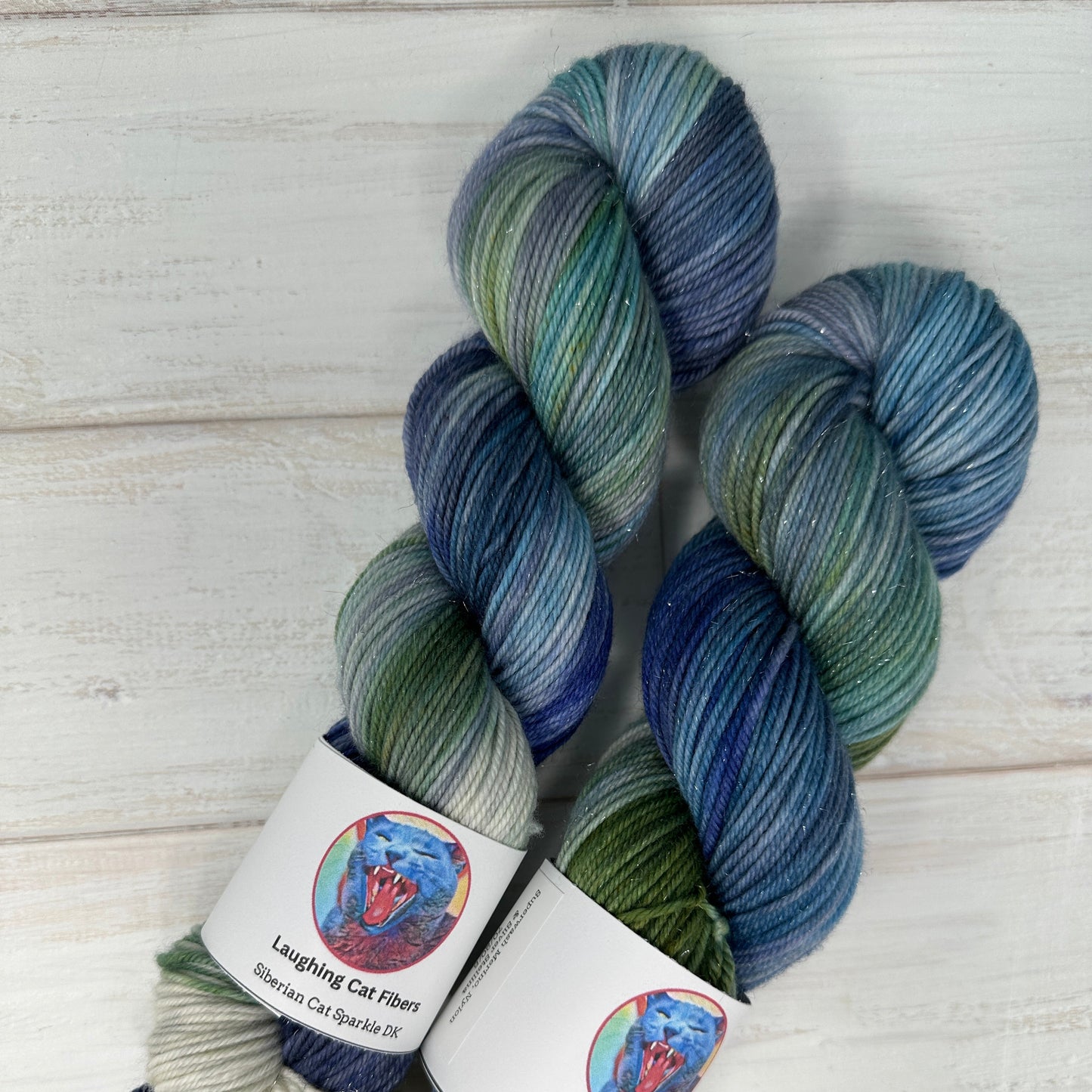 Two skeins of blue and green sparkle DK yarn hand dyed by Laughing Cat Fibers in the Boreas colorway